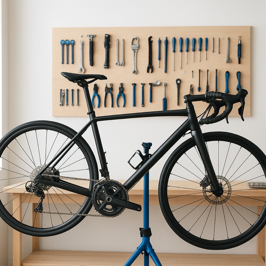 Fahrrad im Montageständer in der Werkstatt